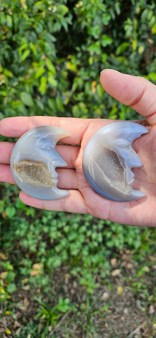 Botswana Agate w/ Druzy Moon Face Carving