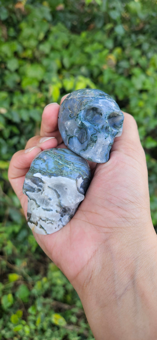 Moss Agate Skull Carving